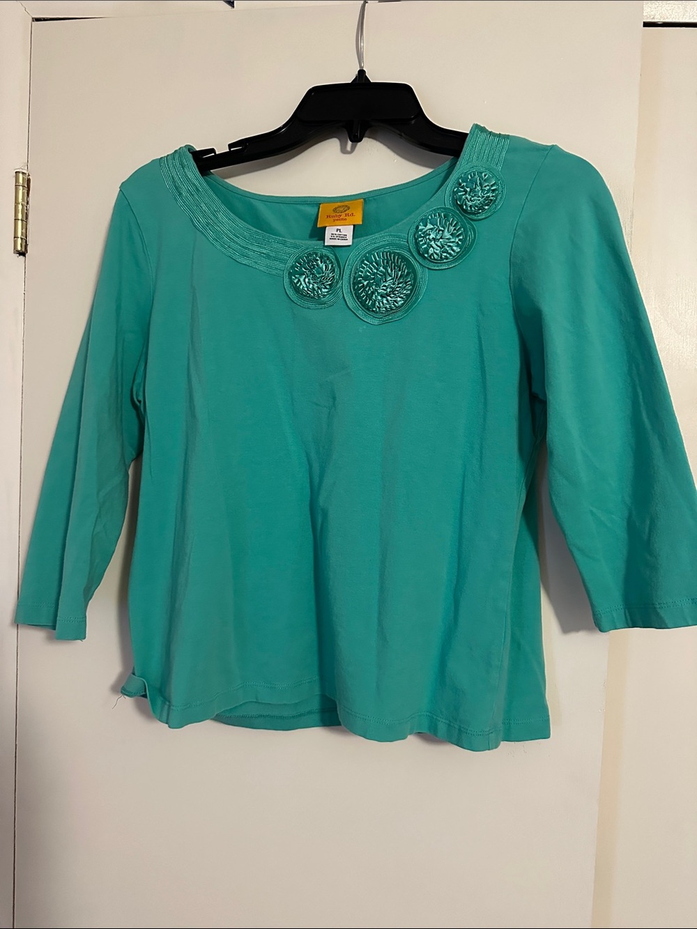 Ruby Rd. Teal Scoop Neck Long Sleeve Top with Rosette Accents
